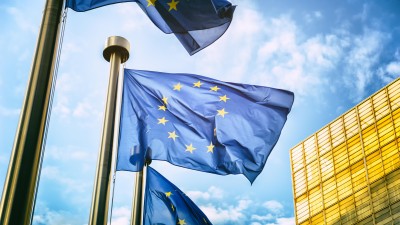 European flag flies in front of the EU Commission building in Brussels, Belgium